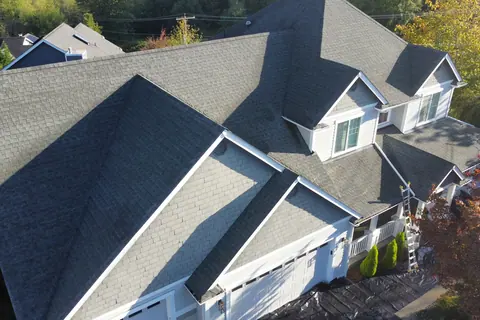 A completed Malarkey Vista multi-gable roof in Puyallup