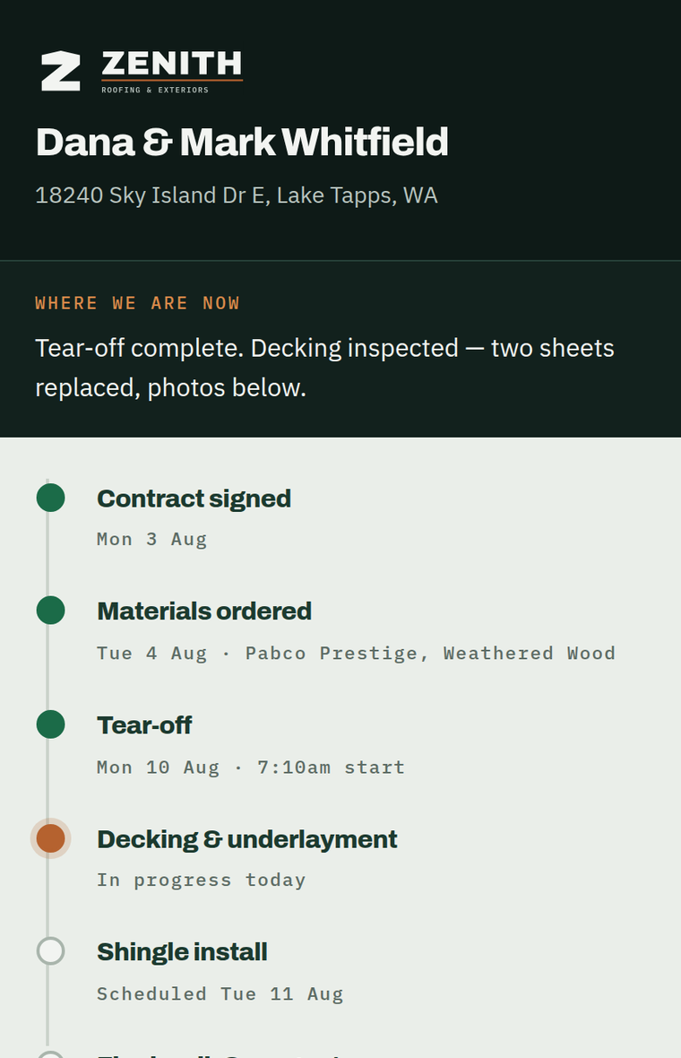 Example project page showing build stage, dates and job photos